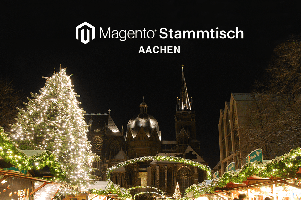 Ein Bild von dem Aachener Weihnachtsmarkt mit dem Magento Stammtisch Logo.