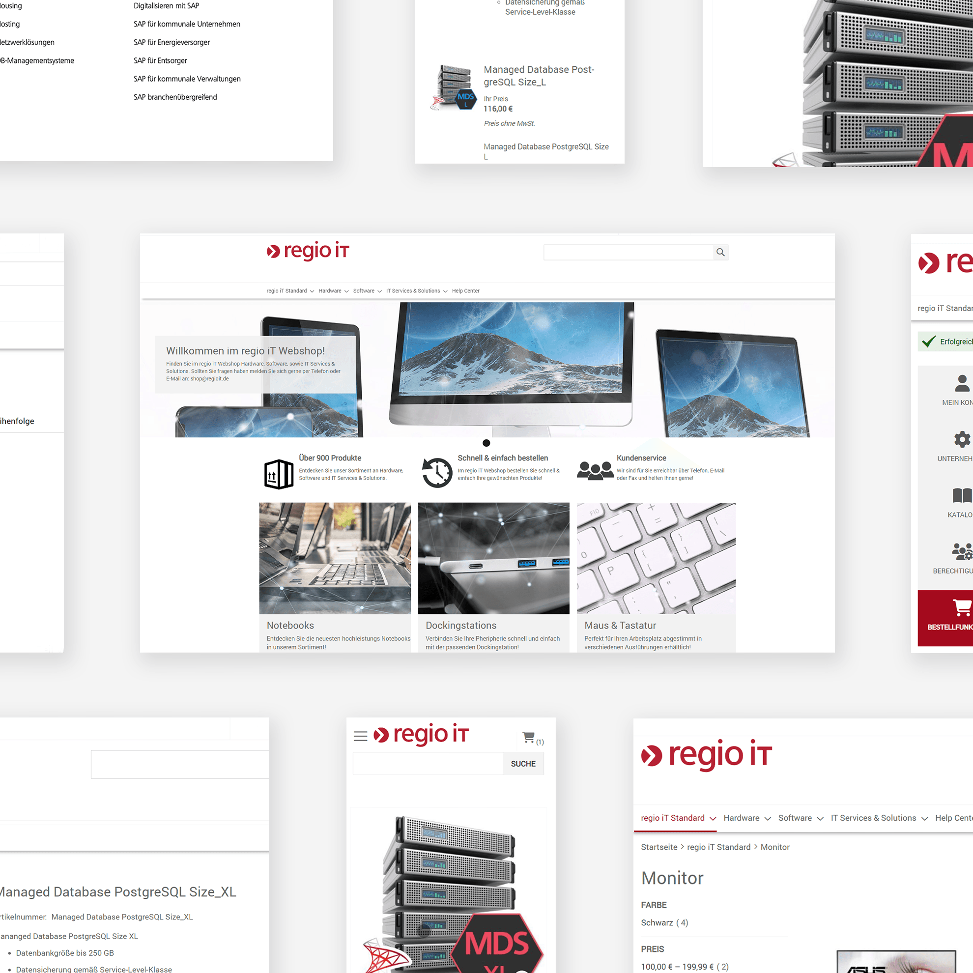 Kleine Collage der verschiedenen Ansichten des B2B-Onlineshops von regio iT. Vor weißem Hintergrund.