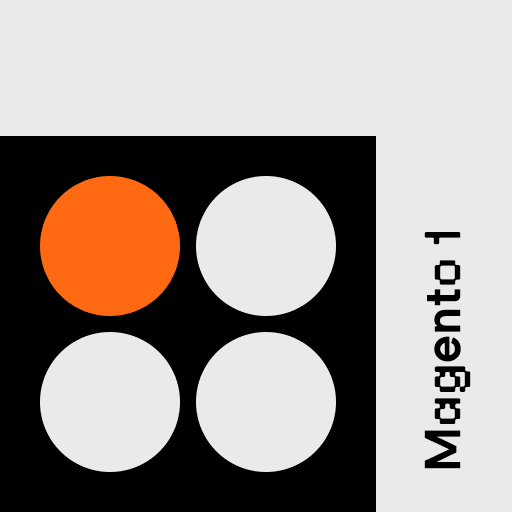 Auf dem Magento 1 Blog Thumbnail sind ein orangener Kreis und drei hellgraue Kreise zu sehen.