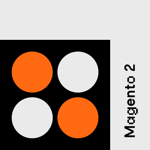 Auf dem Magento 2 Blog Thumbnail sind zwei orangene Kreise und zwei hellgraue Kreise zu sehen.
